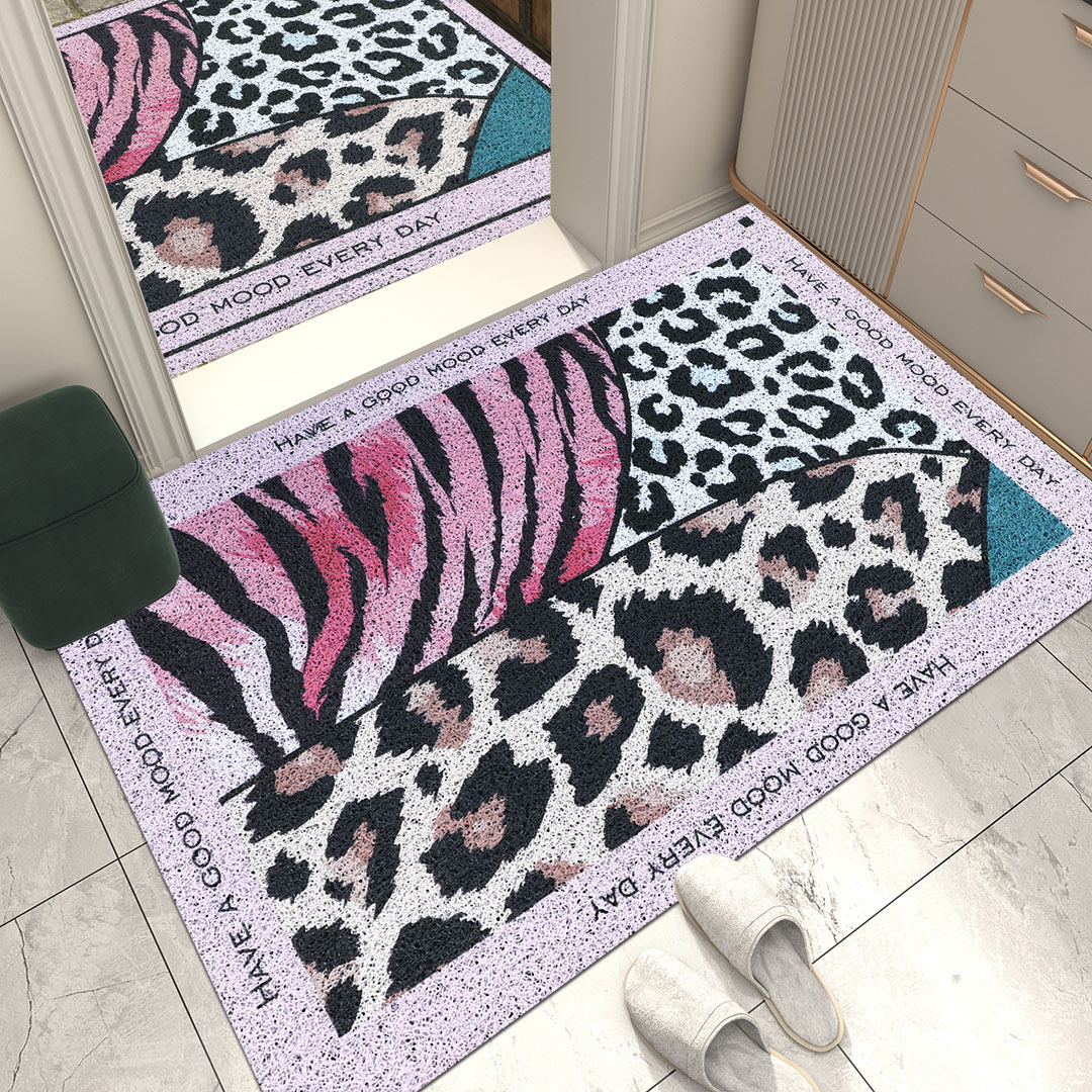 美式进门地垫轻奢入户门脚垫可裁剪豹纹门垫粉色丝圈PVC防水滑垫