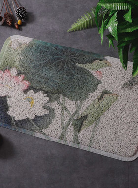 新中式荷花地垫进门脚垫入户门垫禅意厨房防滑垫浴室门垫绿色可洗