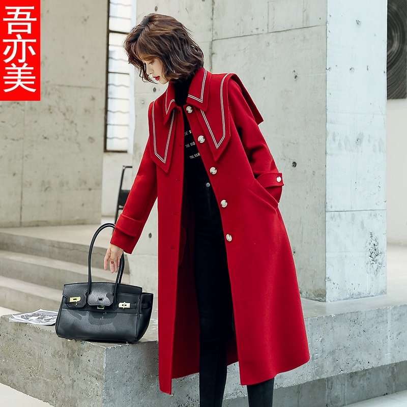 酒红色毛呢外套女秋冬装长款海军领结婚用赫本风呢子大衣收腰显瘦