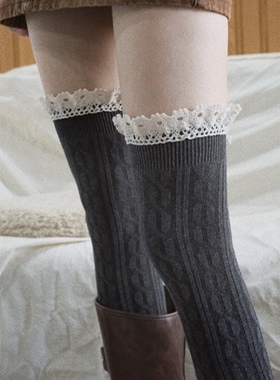 纯欲风灰色花边袜过膝袜长筒秋冬女纯色条纹显瘦高筒袜