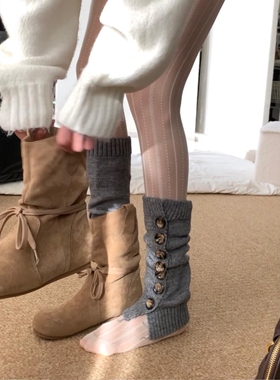韩系袜子氛围感~袜套+靴子直接sha疯了！灰色纽扣针织腿套堆堆袜