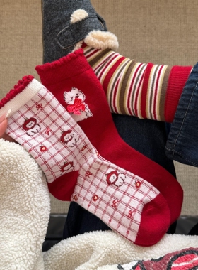 本命年韩系红色袜子女ins甜美~巨可爱的袜子~超浓圣诞新年味儿！