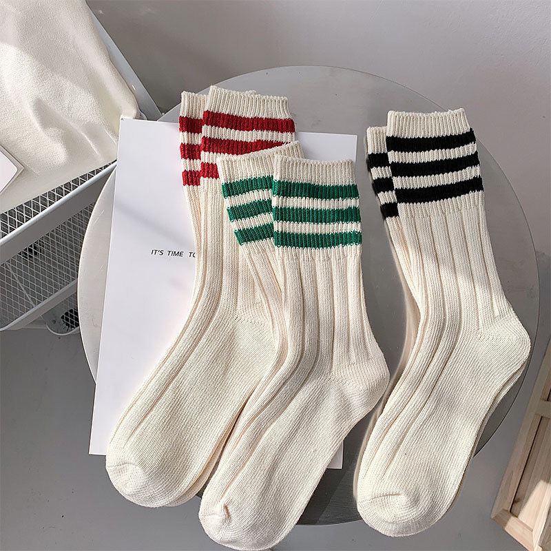 looksocks白色袜子女三杠条纹堆堆袜针织日系学院风外穿休闲长袜