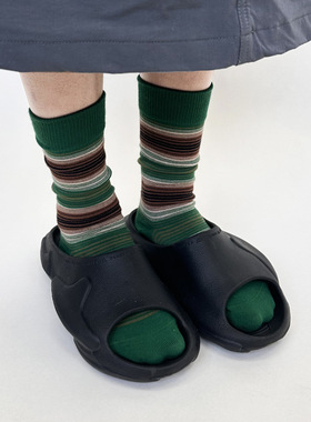 LookSocks新款绿条纹拼绿色潮袜简约袜子韩版ins小众中长筒袜子