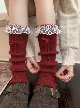 本命年日系蝴蝶结红色袜套女超绝~秋冬保暖腿套小腿袜美哭辽！