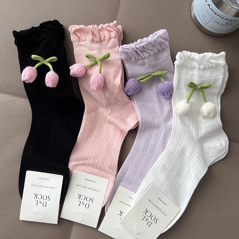 欧货新款女袜薄款郁金香糖果色蝴蝶结小众设计师款中筒棉袜~