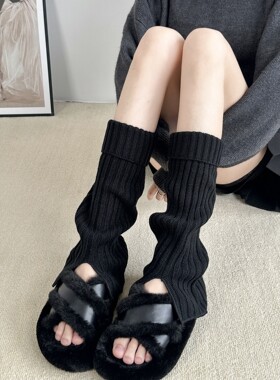 秋冬韩版显瘦灰色开叉针织小腿堆堆y2k翻口腿套~慵懒风还得看袜套