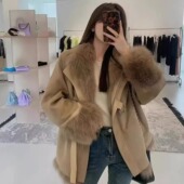 2025冬季 新款 麂皮绒双面穿派克服女拼接狐狸毛毛大衣环保皮草外套