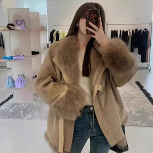 2025冬季 麂皮绒双面穿派克服女拼接狐狸毛毛大衣环保皮草外套 新款
