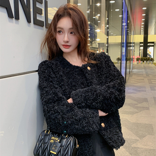 小香风羊羔毛外套女2024秋冬短款加厚毛毛绒气质高级感小个子上衣