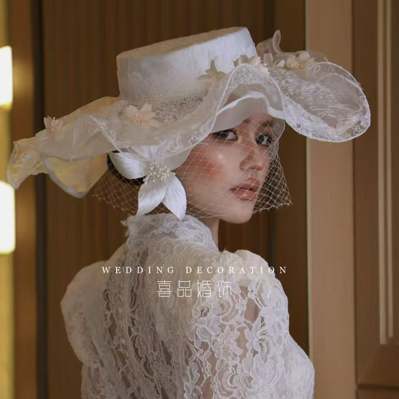 手作花朵蕾丝礼帽新娘婚旅拍头饰