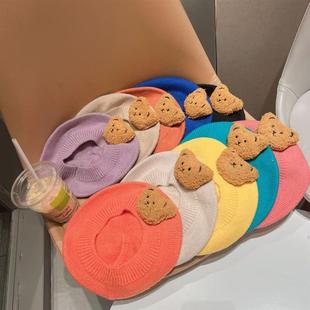 洋气潮流婴幼儿可爱小熊头儿童贝雷帽春秋针织糖果色画家帽宝宝帽