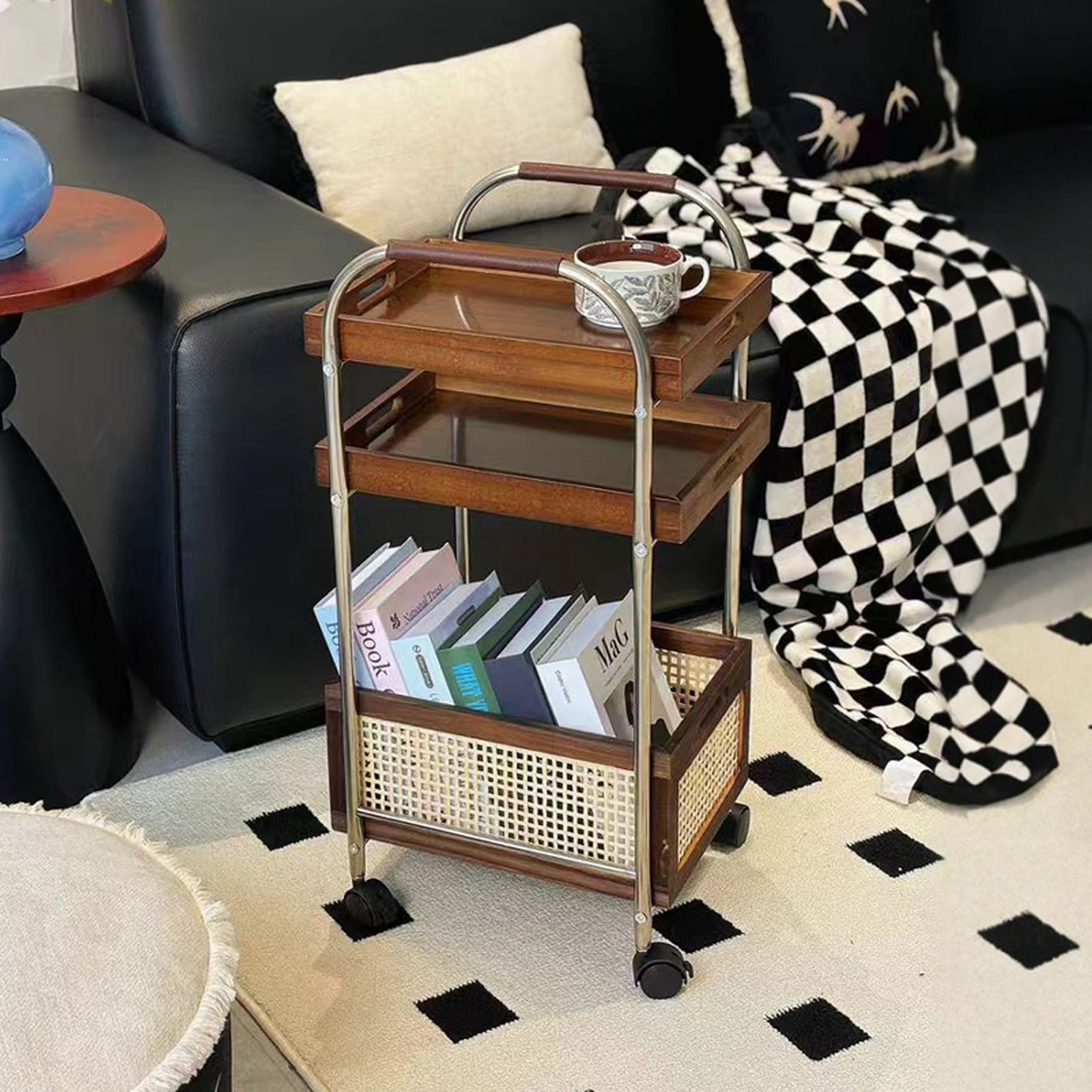 中古风小推车边几可移动零食置物架客厅沙发茶几复古藤编收纳架子