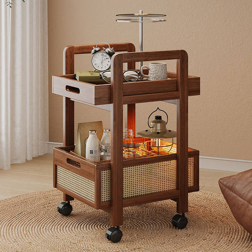 中古小推车边几可移动茶几小桌子客厅边柜复古零食置物架收纳藤编