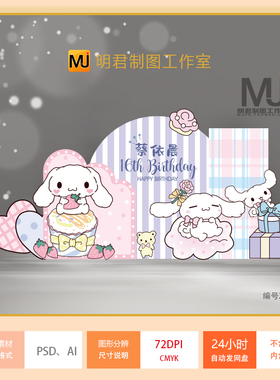 简约粉紫色可爱大耳玉桂狗主题宝宝宴生日派对背景设计素材AI PSD