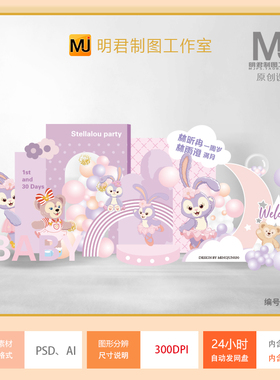 星黛露宝宝宴设计素材芭蕾兔粉紫色双胞胎气球派对舞台背景AI PSD