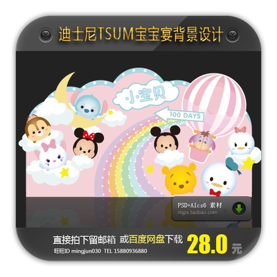 Q版迪士尼TSUM卡通宝宝百日生日派对满月宴舞台背景设计矢量素材
