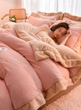 珊瑚绒加厚保暖双面绒牛奶绒防静电被套床单款冬季床笠家用四件套