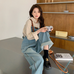 复古高腰牛仔背带裤女2025春季新款港风宽松休闲百搭直筒阔腿裤子