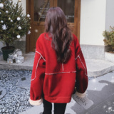 红色羊羔毛拼接短款外套女2023年新款炸街小个子加绒加厚棉衣棉袄，女装皮草，安雅