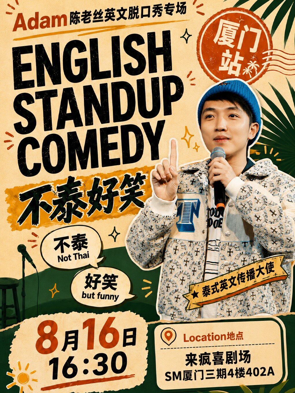 来疯喜剧|Adam陈老丝英文脱口秀专场《不泰好笑》 厦门站 8月16日 @SM三期店