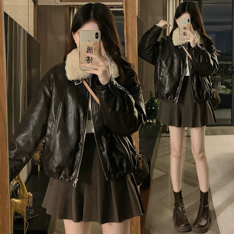 毛领加绒美式皮衣外套女2025棉衣/棉服