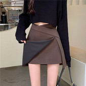 毛呢半身裙女秋冬大码 胖mm高腰深咖色遮肚短裙加厚不规则a字裙子