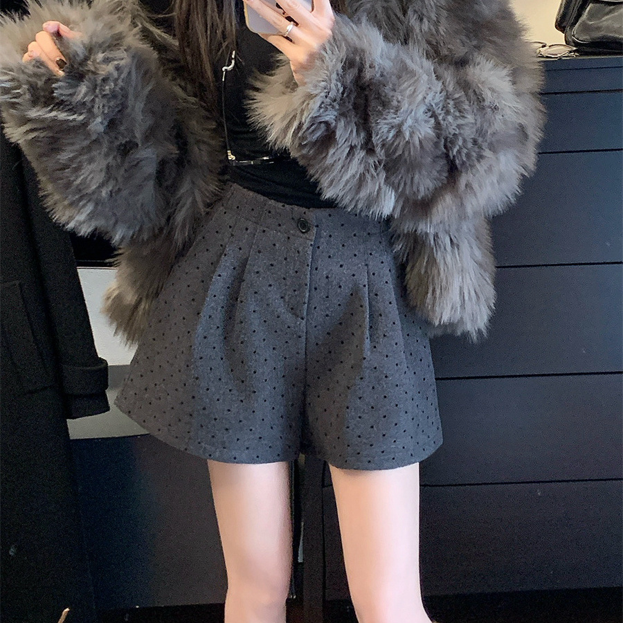 遮胯短裤圆点高腰毛呢A字阔腿