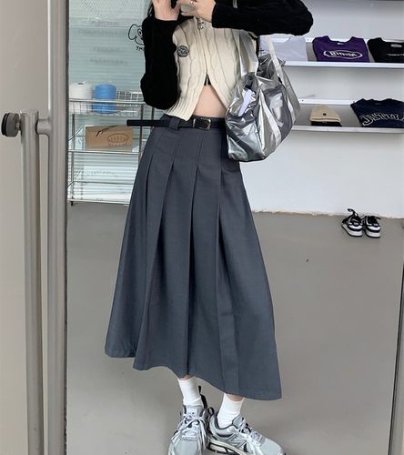 西装百褶裙大码气质灰色半身裙