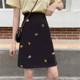 大码 刺绣开叉半身裙春秋显瘦中长裙胖mm高腰设计感西装 a字中裙女
