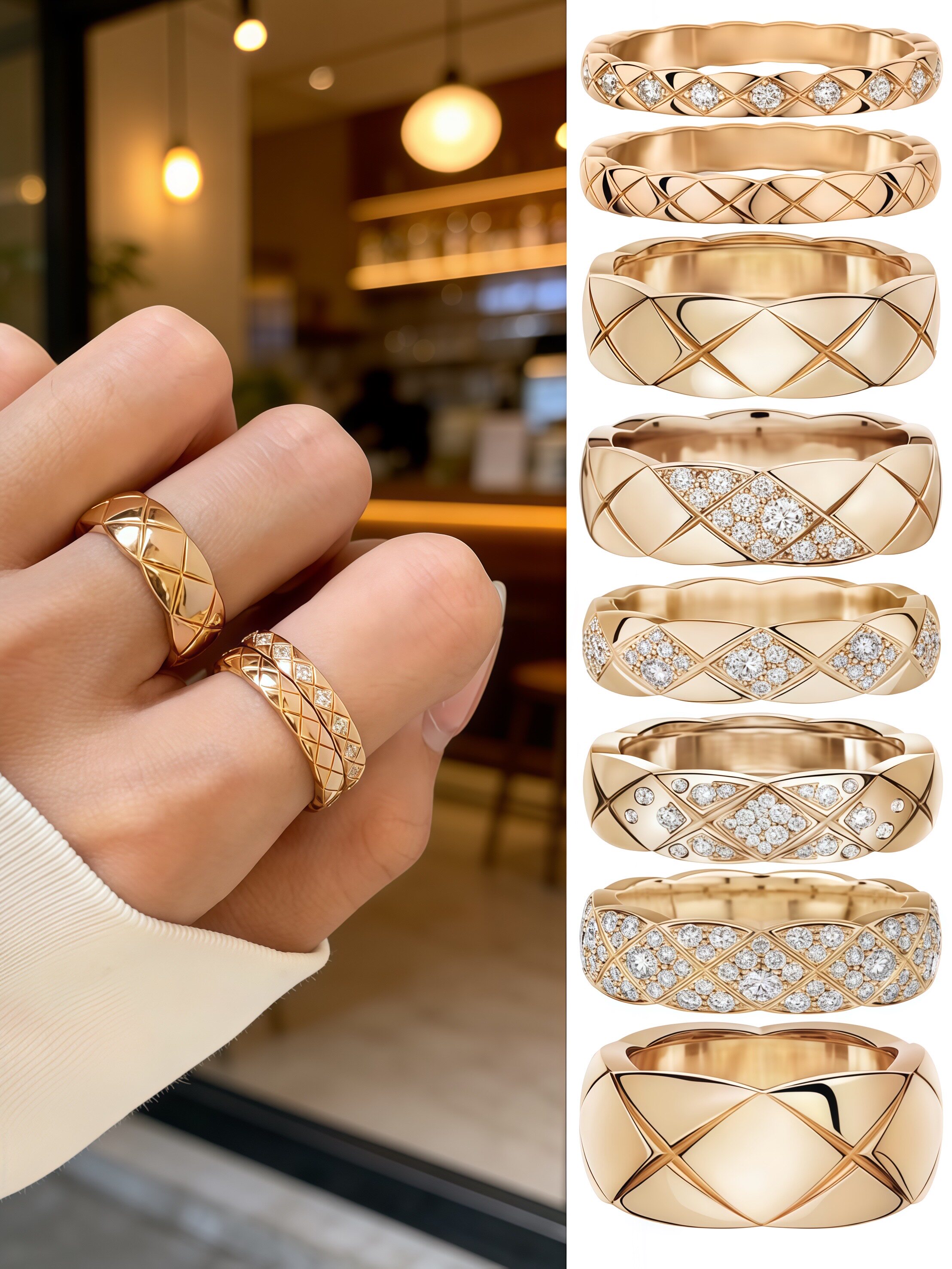 菱格镀18K金小香风情侣对戒