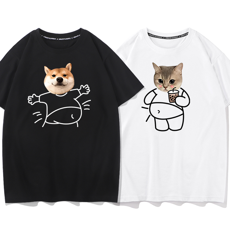 设计感小狗狗小猫猫潮牌短袖t恤男夏季新款黑色纯棉宽松情侣半袖