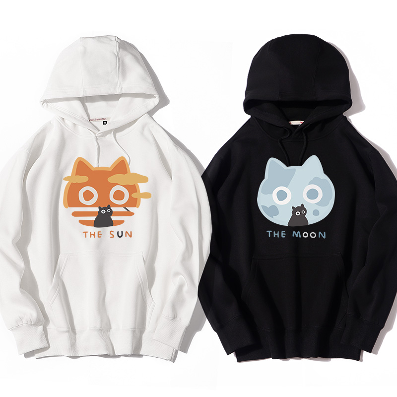 卡通动漫猫猫头早晨傍晚黑猫连帽套头卫衣情侣装衣服加绒外套