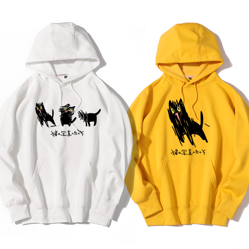 小黑猫写真拦连帽套头卫衣情侣装