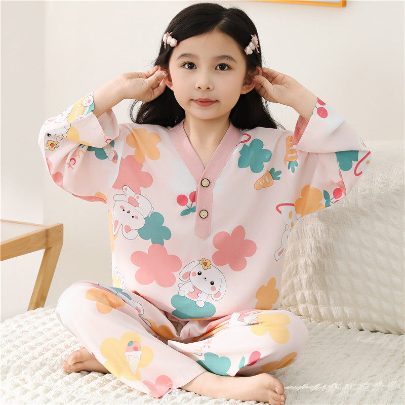 夏季儿童棉绸睡衣女童套装薄款亲子家居服男童V领绵绸空调家居服