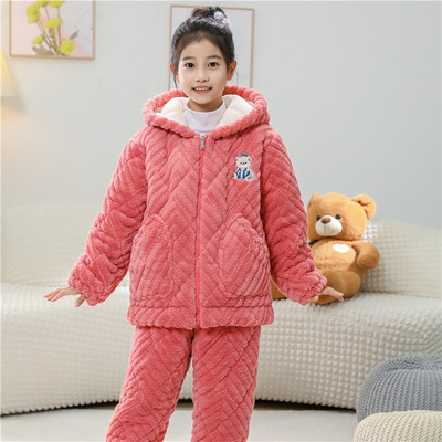 三层夹棉加厚加绒亲子儿童睡衣冬季女童法兰绒宝宝家居服男孩保暖