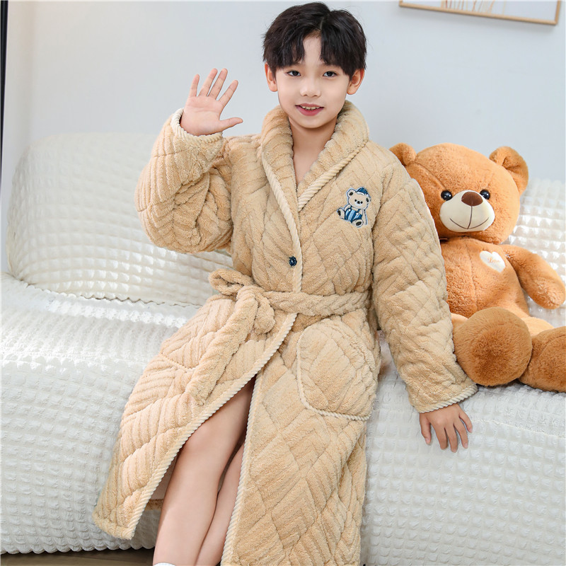 加绒加厚三层夹棉男童睡袍2025新款冬季男孩儿童睡衣珊瑚绒家居袍