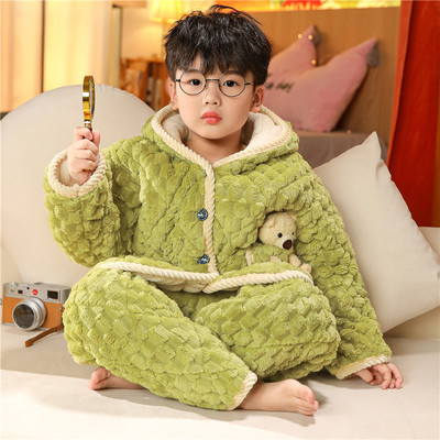 男童加厚款冬季儿童睡衣珊瑚绒三层夹棉法兰绒保暖棉袄家居服套装