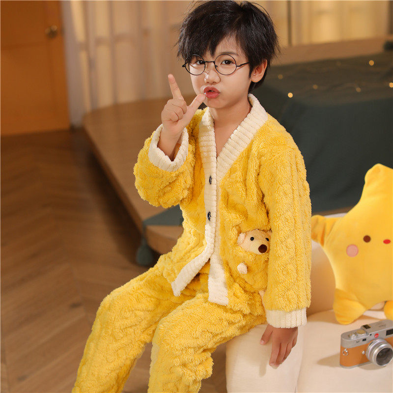 儿童秋冬季法兰绒睡衣男童女童春款加绒加厚宝宝珊瑚绒套装家居服