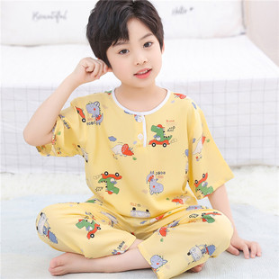 儿童睡衣夏季薄款棉绸套装童装男童女童短袖长裤绵绸人造棉空调服