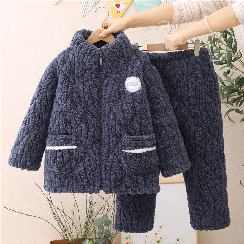 儿童睡衣冬款2024新款三层夹棉加绒加厚女男童珊瑚绒保暖拉链套装