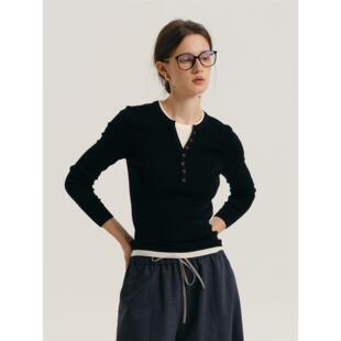 女法式 羊毛亨利领羊毛针织打底衫 小众假两件内搭上衣 修身 秋冬新款