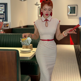 复古优雅红白波点修身 vintage原创 港风鱼尾改良旗袍 palais