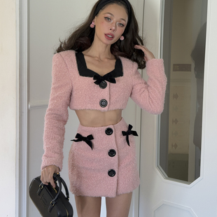 外套短裙套装 短款 vintage中古小香风粉色蝴蝶结修身 palais