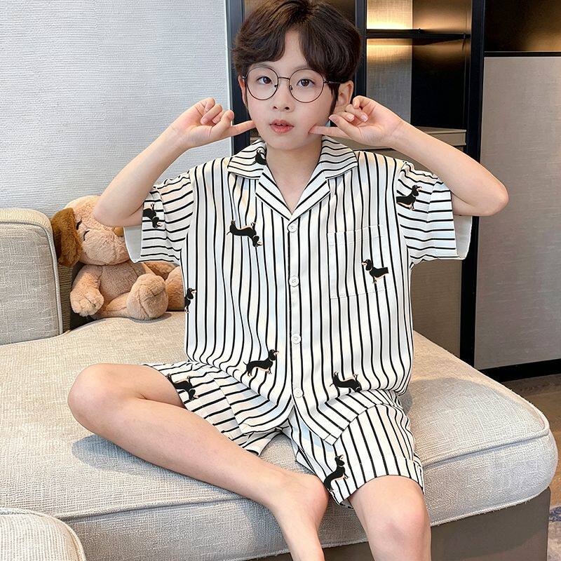 2026新款男童睡衣冰丝夏季薄款短袖短裤儿童男孩青少年家居服套装