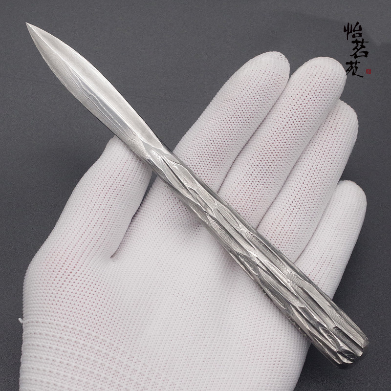 龙泉手工不锈花纹钢大马士革家用撬普洱茶刀切开茶饼茶砖专用工具