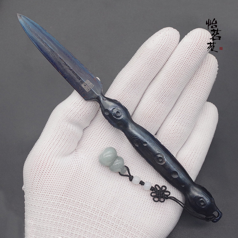 龙泉江龙手工高档精致复古百炼花纹钢撬开普洱专用切黑茶茶刀茶针