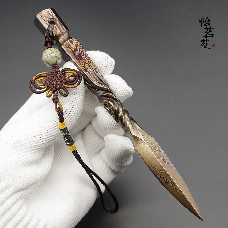 龙泉手工大马士革花纹钢茶刀黑茶普洱茶针撬茶饼专用茶锥茶具配件