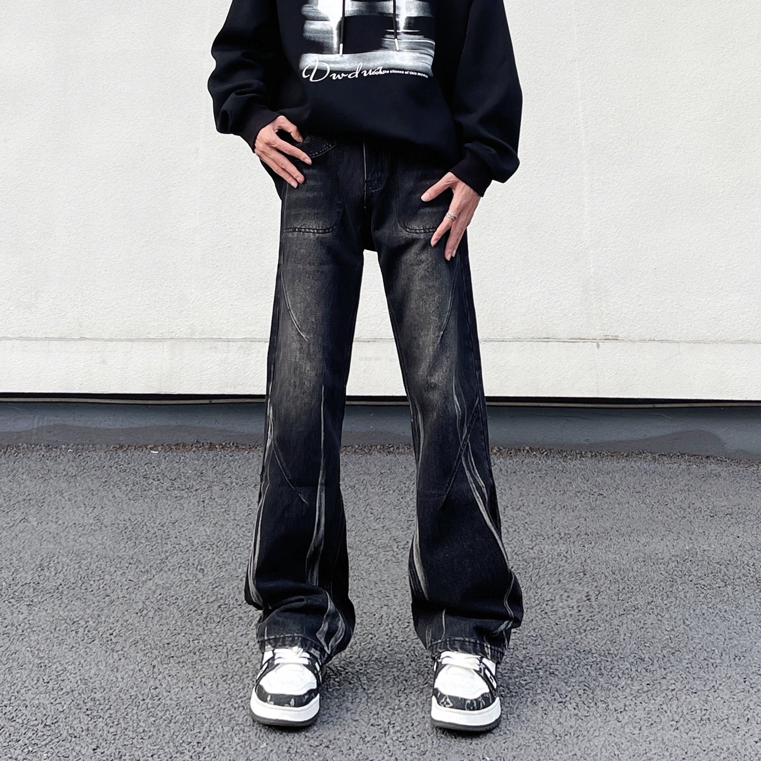 设计感美式复古扎染微喇叭牛仔裤