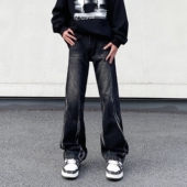 直筒男宽松微喇潮牌痞帅显瘦裤 美式 高街复古水洗做旧扎染牛仔裤 子